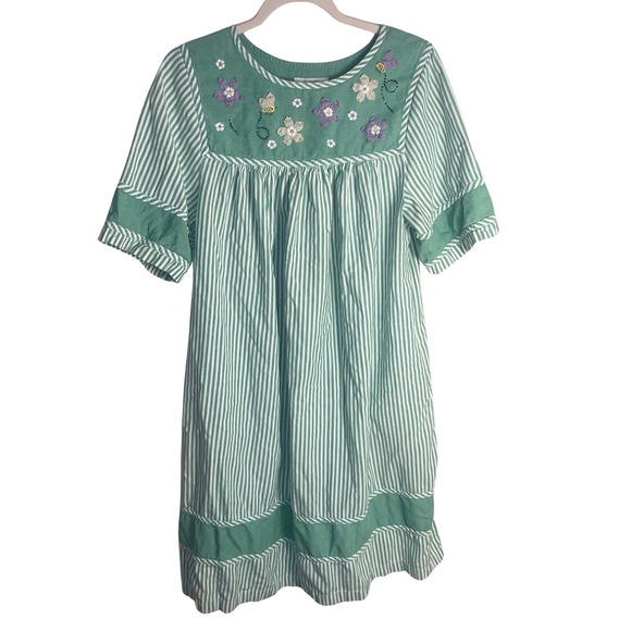 Go Softly Dresses & Skirts - Vintage Go Softly Floral Bee Embroidered Dress Medium Green Striped Cottagecore